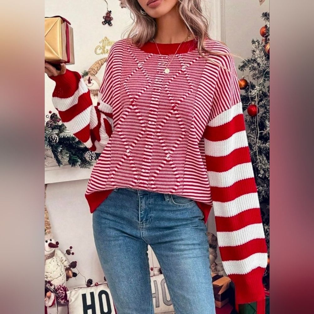 🩵🅰️NWOT Red & White Striped Knit Long Sleeve Sweater Large - Picture 14 of 16